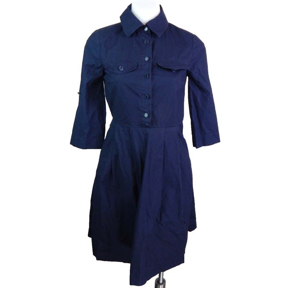 Tory Burch Women's 0 Shirt Dress Navy 3/4 Sleeve Fit Flare Poplin Stretch